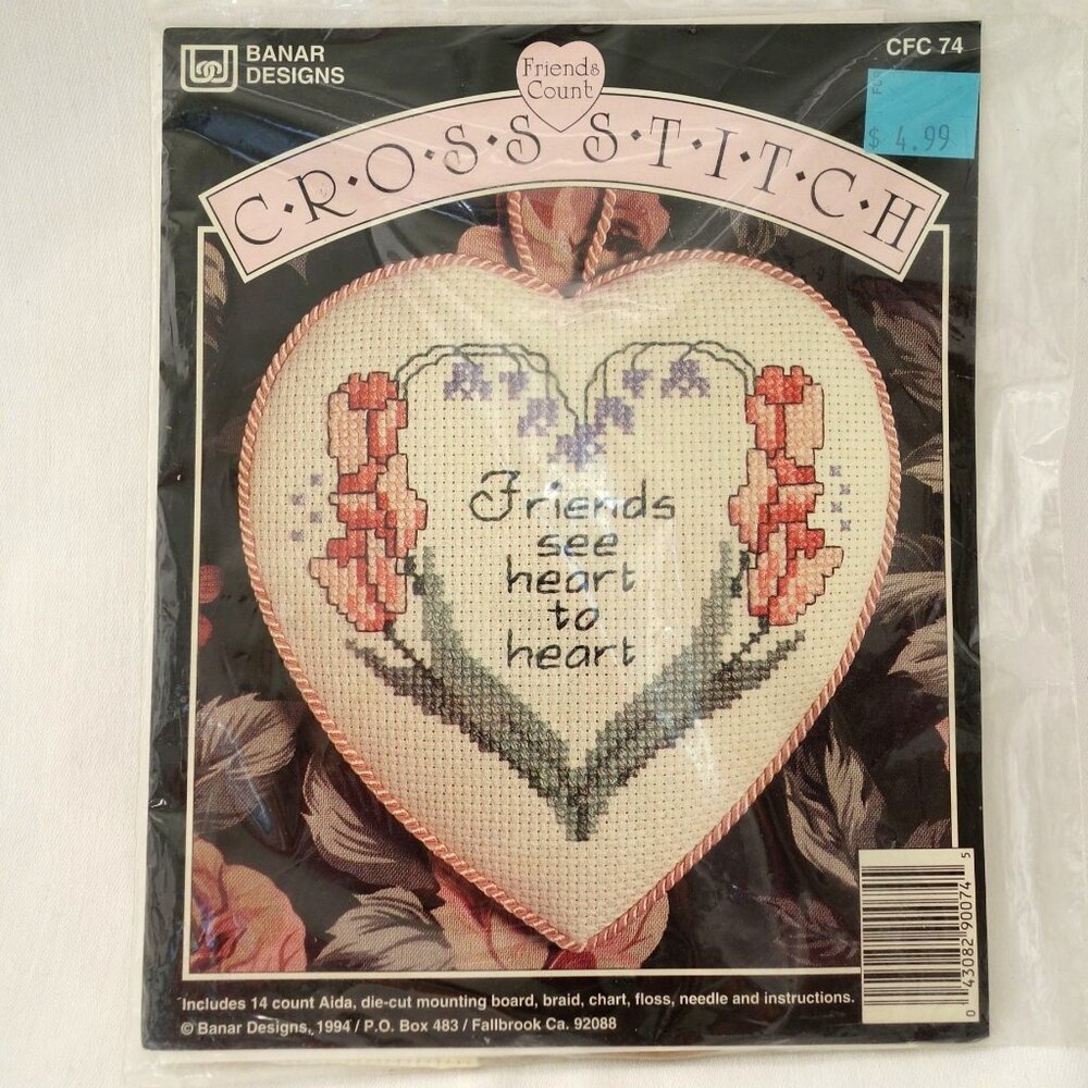 Vintage 1994 Banar Designs Friends See Heart to Heart Small‎ Cross Stitch Kit